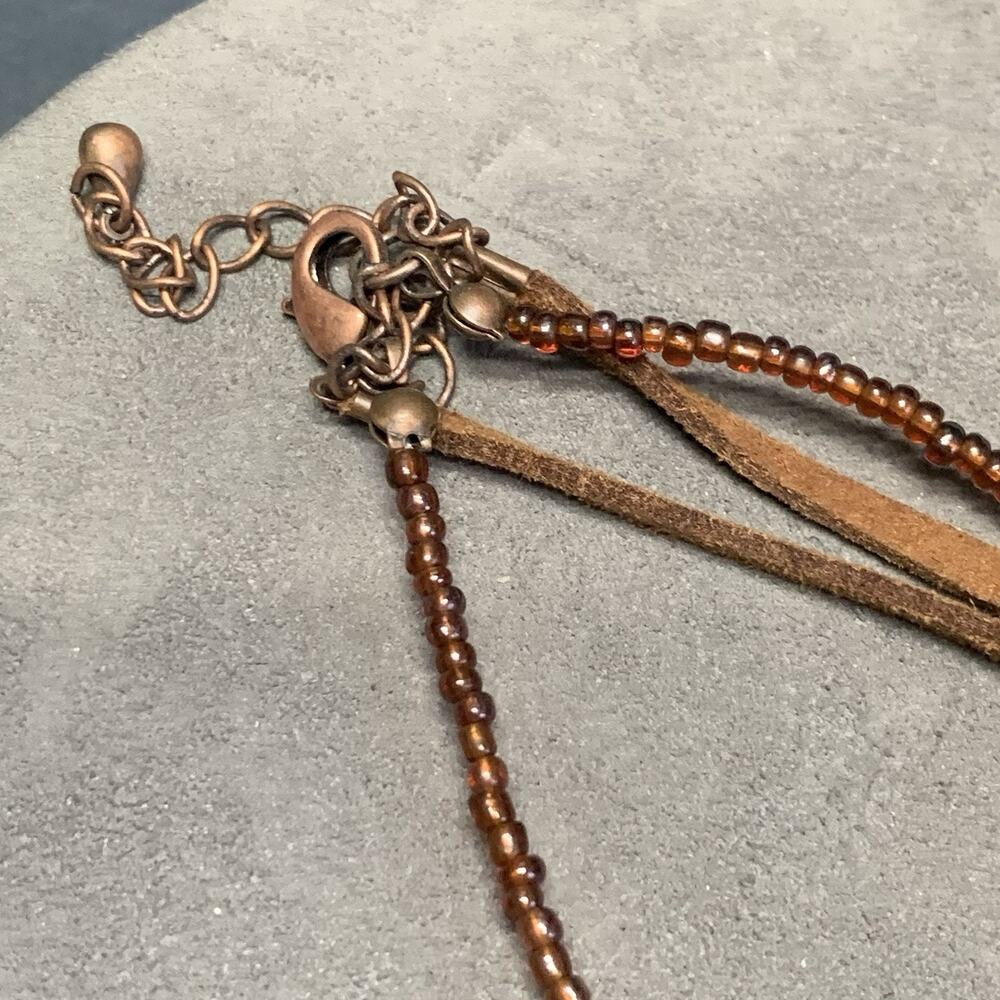 Vintage Beaded & Leather 14” Necklace With Floral Bottle Pendant, Copper Tones - Picture 5 of 6